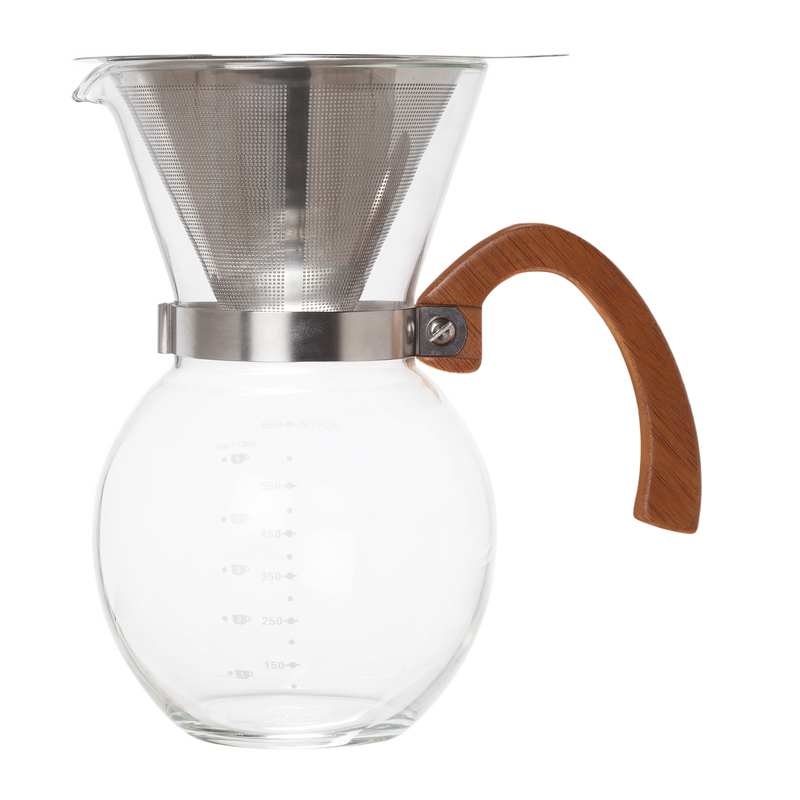 Glass pour-over coffee maker with a stainless steel filter and bamboo handle, designed for precise brewing, ideal for Farm, Garden & Tool and Kitchen & Food collections.