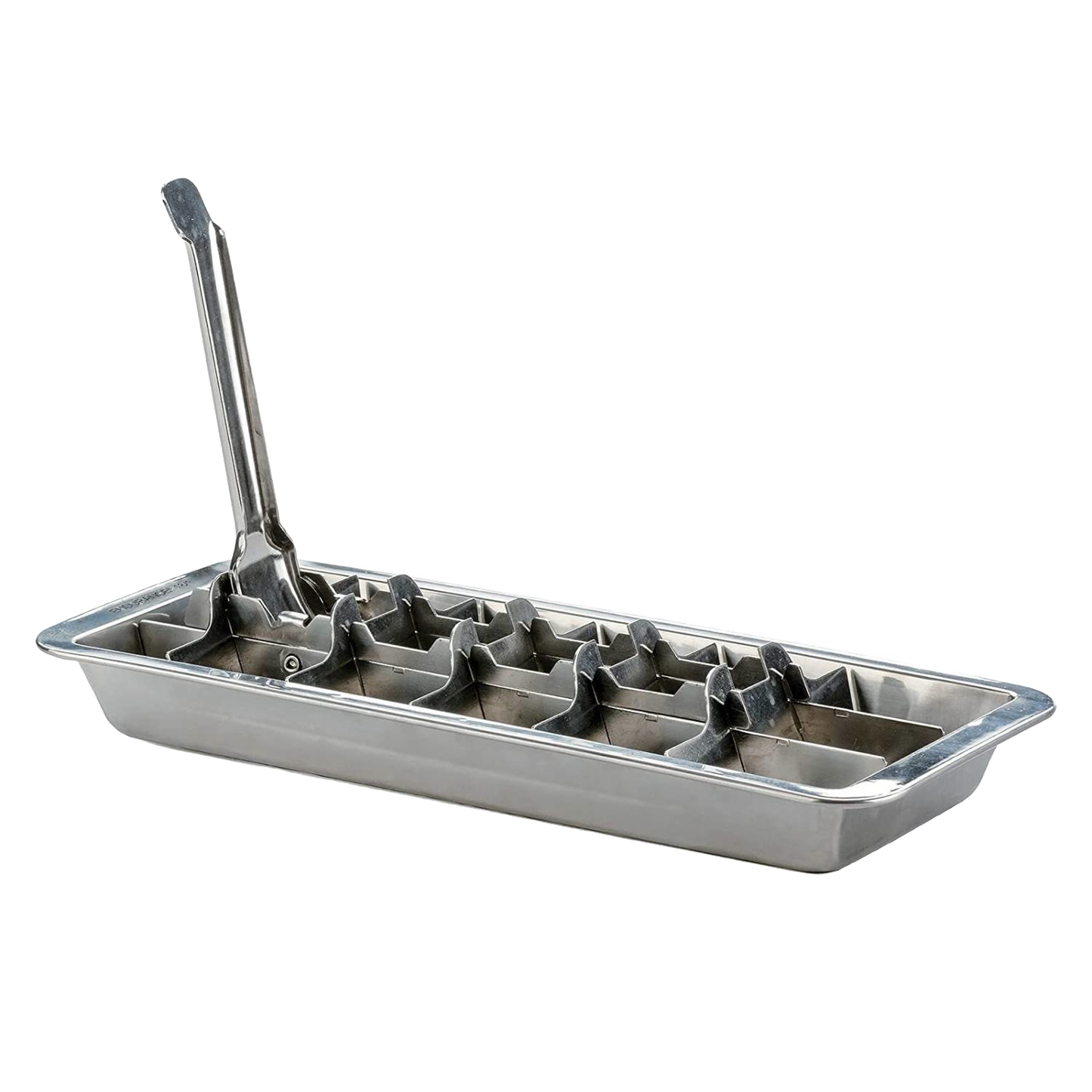 Metal ice cube tray crafted from stainless steel with an integral release handle to easily lift and remove ice cubes, featured for Kitchen & Food, Homesteading, and Farm, Garden & Tool collections.