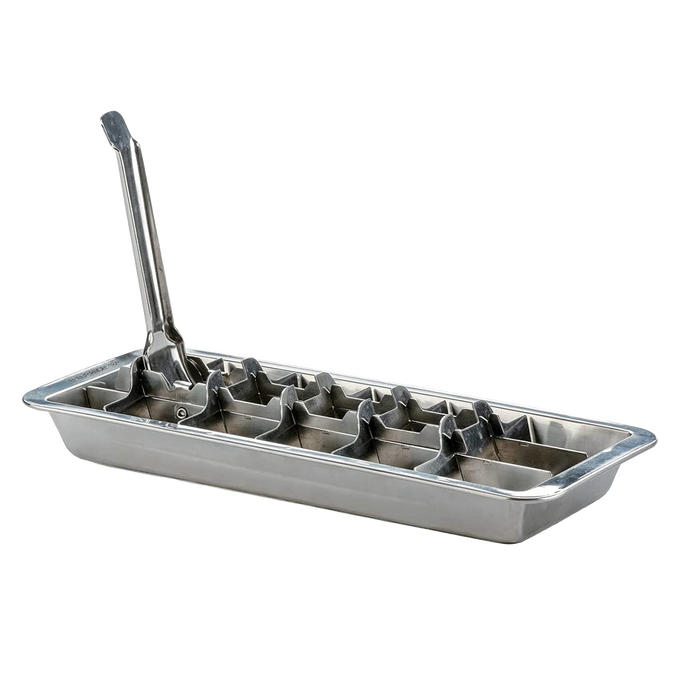 Metal ice cube tray crafted from stainless steel with an integral release handle to easily lift and remove ice cubes, featured for Kitchen & Food, Homesteading, and Farm, Garden & Tool collections.