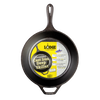 Black seasoned cast iron deep skillet with assist handle and branded label highlighting versatility for Farm, Garden & Tool, Kitchen & Food, Camping, and Cookware collections.