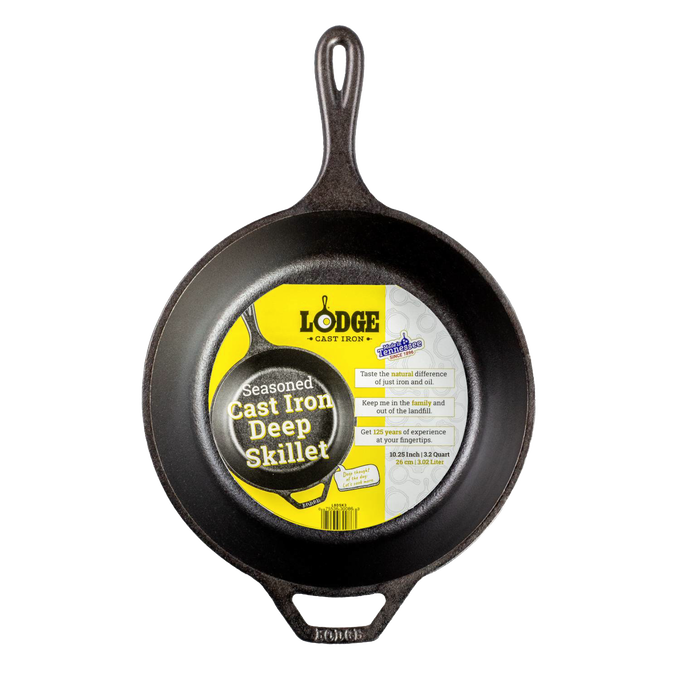 Black seasoned cast iron deep skillet with assist handle and branded label highlighting versatility for Farm, Garden & Tool, Kitchen & Food, Camping, and Cookware collections.
