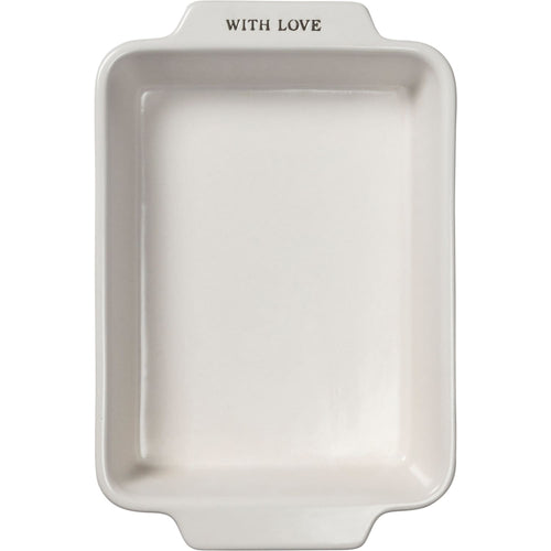Handcrafted neutral-toned stoneware baking dish with "WITH LOVE" embossed on the handle, ideal for Kitchen & Food, Cookware, Baking Supplies, and Promo Eligible collections.