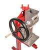 Handcrafted Lehman’s stainless steel cider press with red frame and black cast iron crank wheel, designed for orchard and garden use, featured in Farm, Garden & Tool and USA Made collections.