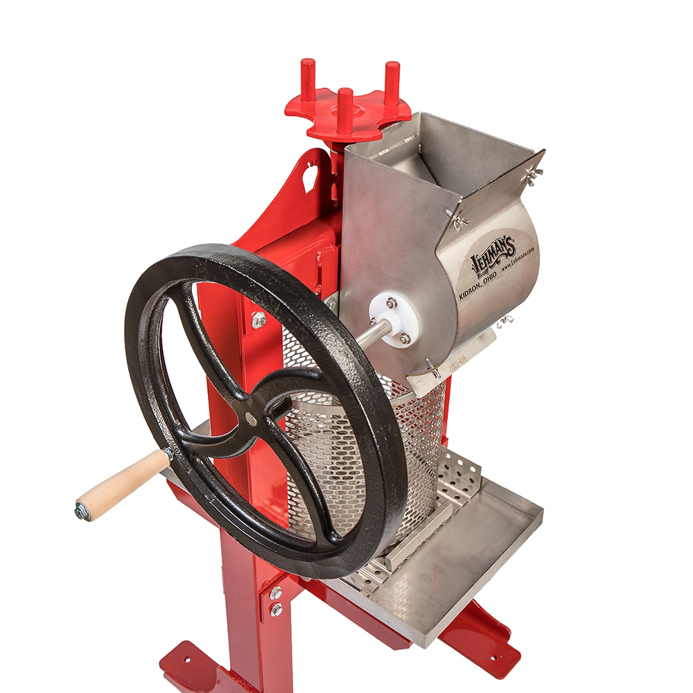 Handcrafted Lehman’s stainless steel cider press with red frame and black cast iron crank wheel, designed for orchard and garden use, featured in Farm, Garden & Tool and USA Made collections.
