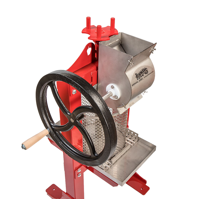 Handcrafted Lehman’s stainless steel cider press with red frame and black cast iron crank wheel, designed for orchard and garden use, featured in Farm, Garden & Tool and USA Made collections.