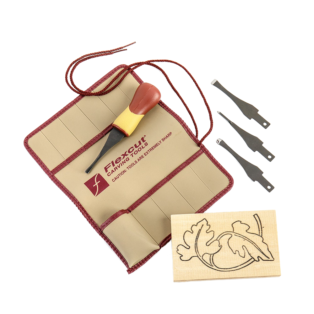5-piece craft carver set with four interchangeable sharp blades, resin quick-change handle, 11-pocket tool roll, and pre-printed carving blank for beginner woodcarvers in Farm, Garden & Tool and Hand Tools collections.