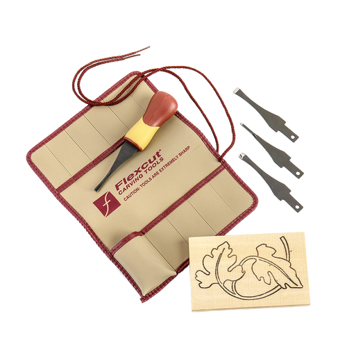 5-piece craft carver set with four interchangeable sharp blades, resin quick-change handle, 11-pocket tool roll, and pre-printed carving blank for beginner woodcarvers in Farm, Garden & Tool and Hand Tools collections.