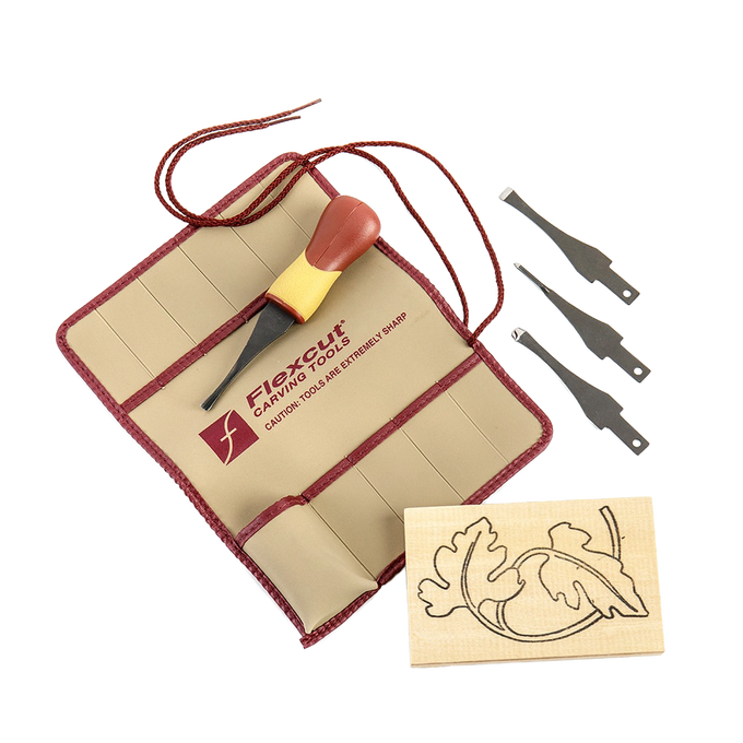 5-piece craft carver set with four interchangeable sharp blades, resin quick-change handle, 11-pocket tool roll, and pre-printed carving blank for beginner woodcarvers in Farm, Garden & Tool and Hand Tools collections.