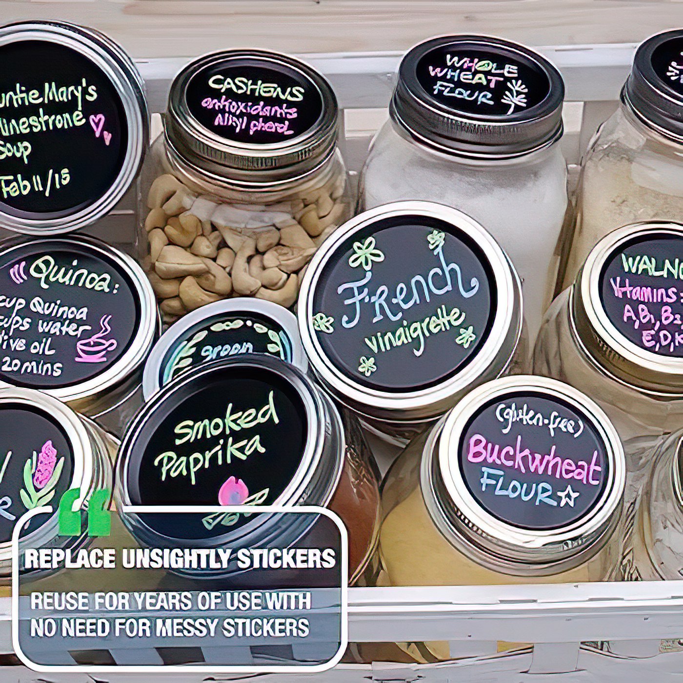 Set of black reusable chalkboard lids labeled with colorful handwriting on glass jars filled with various dry goods, ideal for Home & Decor, Best Sellers, and Promo Eligible collections.