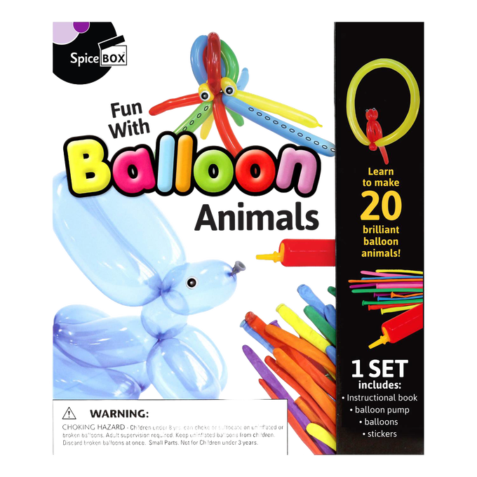 Colorful balloon animal-making kit featuring a variety of long balloons, a small red hand pump, an instructional booklet, and stickers, designed for creative play in children's toys and arts and crafts.