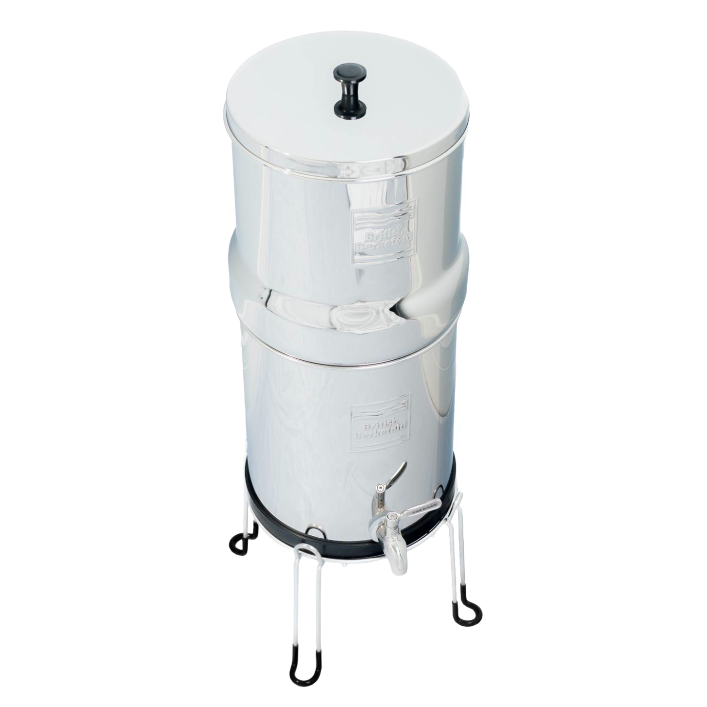 Stainless steel gravity water filter with a sturdy, raised stand and spigot, crafted for durability and ease in appliances, emergency supplies, and best sellers collections.