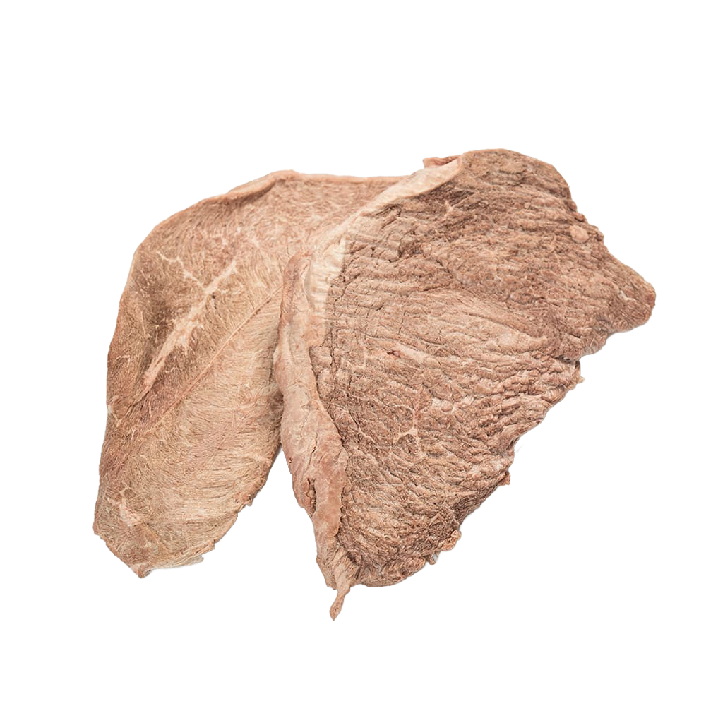 Two pieces of freeze-dried sirloin steak showing a natural texture and thickness, a durable food option suitable for emergency supplies, kitchen use, and farm collections.