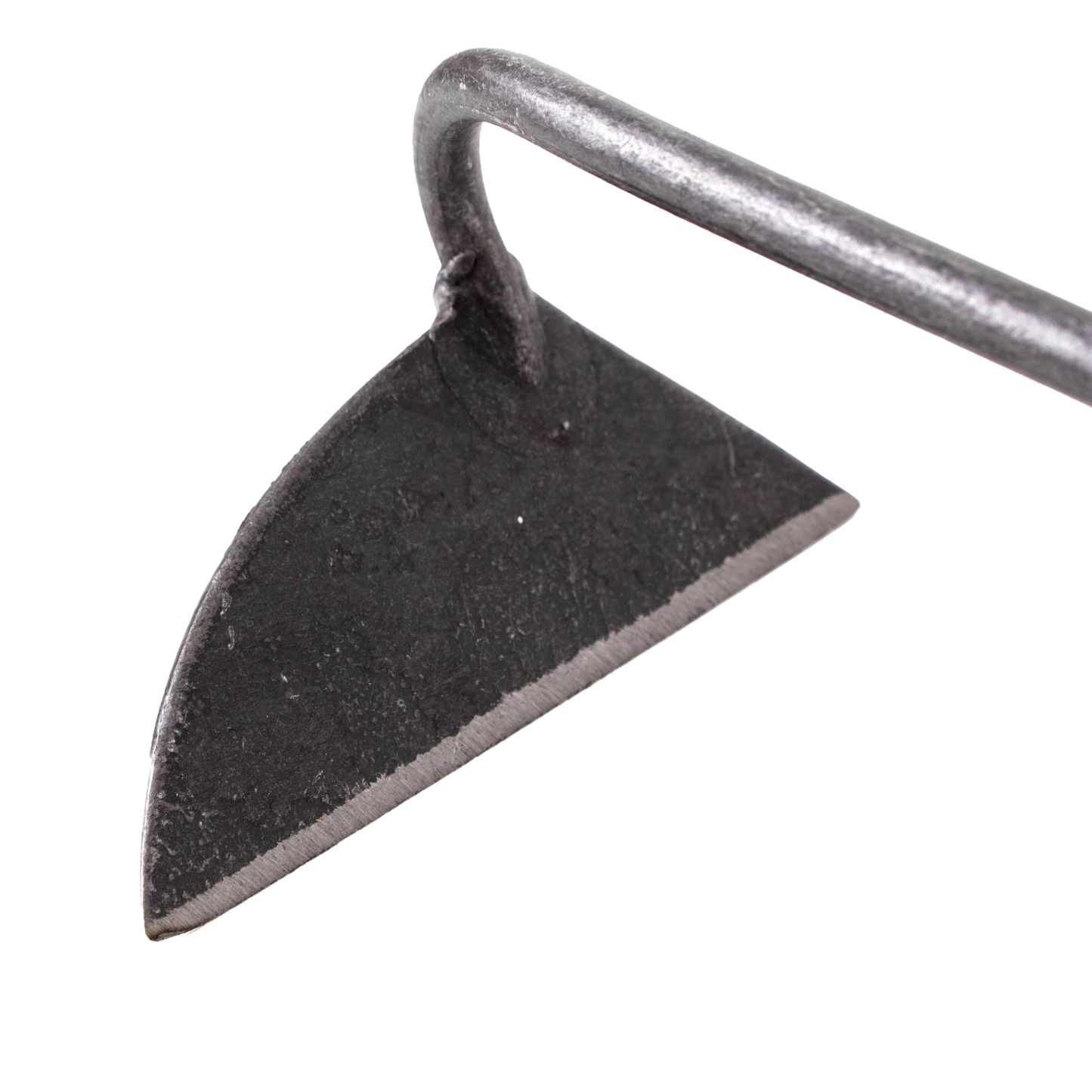 Close-up of a handcrafted steel blade with a sharpened edge on a small garden hoe tool, designed for precise weed removal in flower and vegetable beds, ideal for Farm, Garden & Tool and Garden Accessories collections.