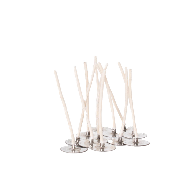 Set of ten metal wick sustainers with pre-attached cotton wicks, designed for handcrafted soy candle making, suitable for use in lamps & lighting, candlemaking supplies, and best sellers collections.