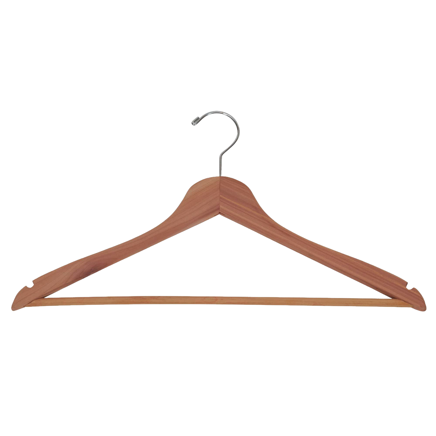 Handcrafted cedar wood hanger with contoured notched shoulders and fixed horizontal bar, designed for natural moth protection and freshening in Health & Wellness and Home & Decor.