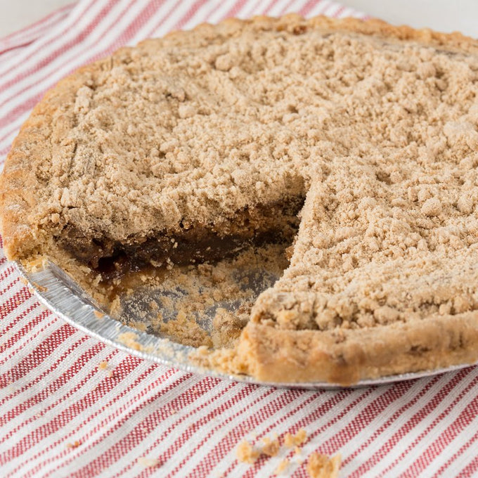 Handcrafted American Shoofly Pie with gooey brown sugar filling and crumb topping in a foil pan, perfect for Kitchen & Food, Snacks and Sweets, USA Made, Best Sellers, and Promo Eligible collections.