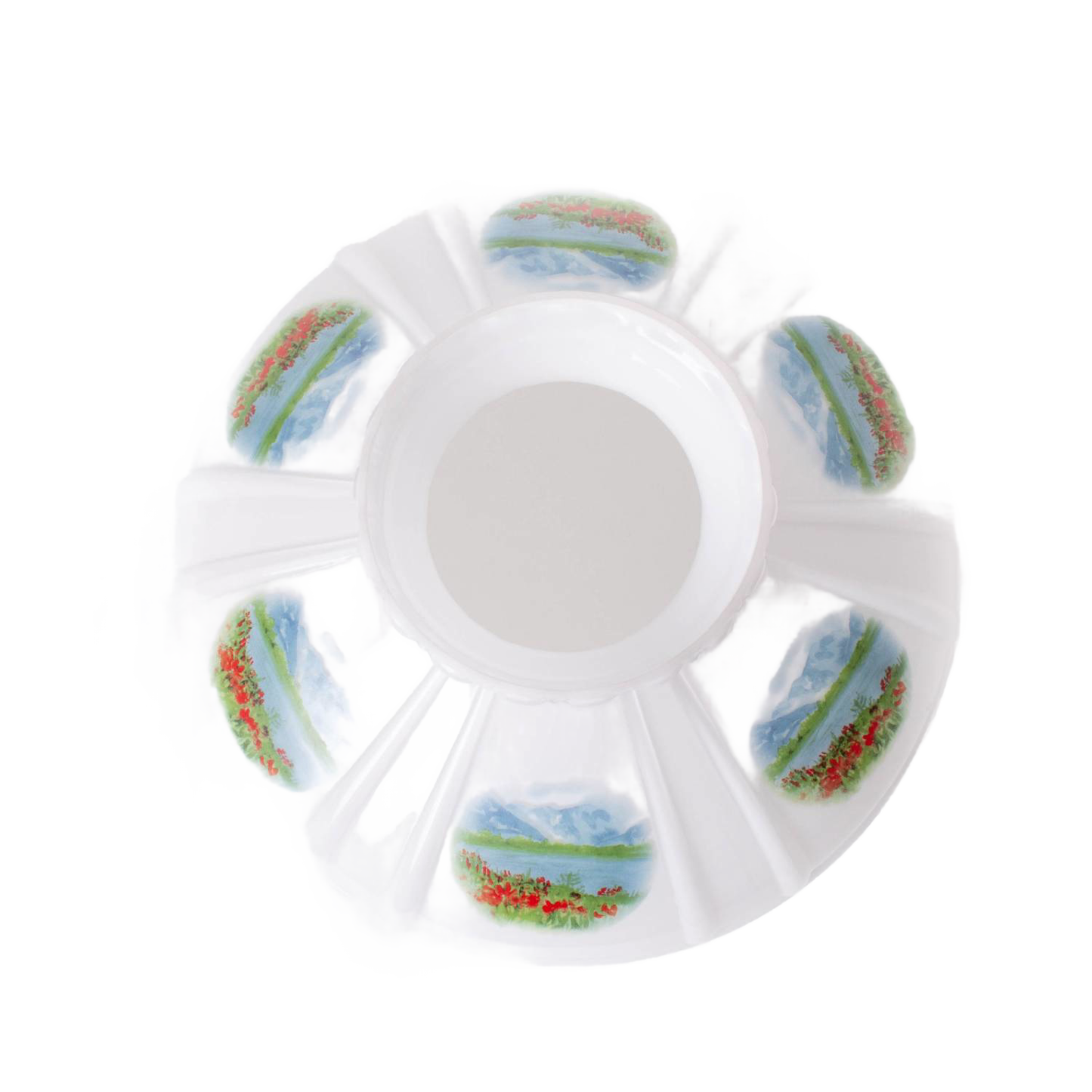 Handcrafted 10-inch glass lamp shade with Alpine Meadow decor featuring red flowers and distant mountains, designed for oil lamps in Lamps & Lighting and Parts and Accessories collections.