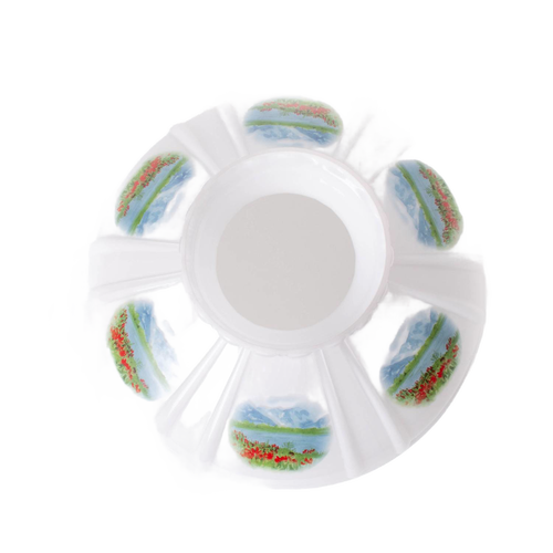 Handcrafted 10-inch glass lamp shade with Alpine Meadow decor featuring red flowers and distant mountains, designed for oil lamps in Lamps & Lighting and Parts and Accessories collections.