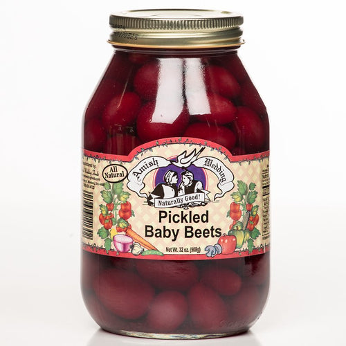 Glass jar of Amish Medding all-natural pickled baby beets with vintage-style label and metal lid, perfect for Kitchen & Food, Pantry, USA Made, Best Sellers, and Promo Eligible collections.