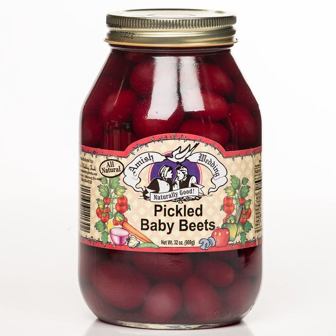 Glass jar of Amish Medding all-natural pickled baby beets with vintage-style label and metal lid, perfect for Kitchen & Food, Pantry, USA Made, Best Sellers, and Promo Eligible collections.