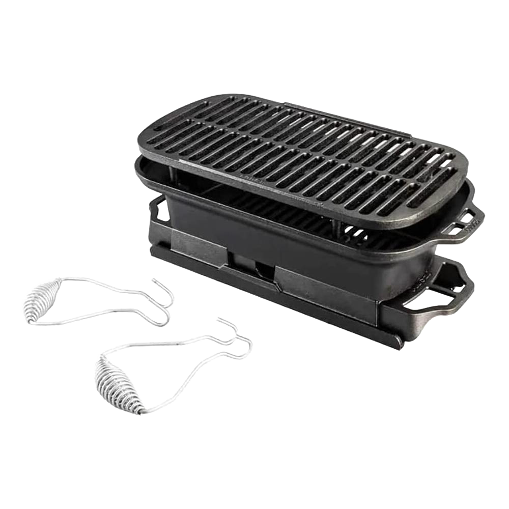Compact handcrafted cast iron hibachi-style grill with removable grate, slide-out ash drawer, and spring handles, ideal for Farm, Garden & Tool, Camping, and Cookware collections.
