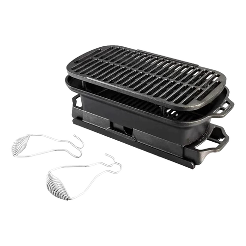 Compact handcrafted cast iron hibachi-style grill with removable grate, slide-out ash drawer, and spring handles, ideal for Farm, Garden & Tool, Camping, and Cookware collections.