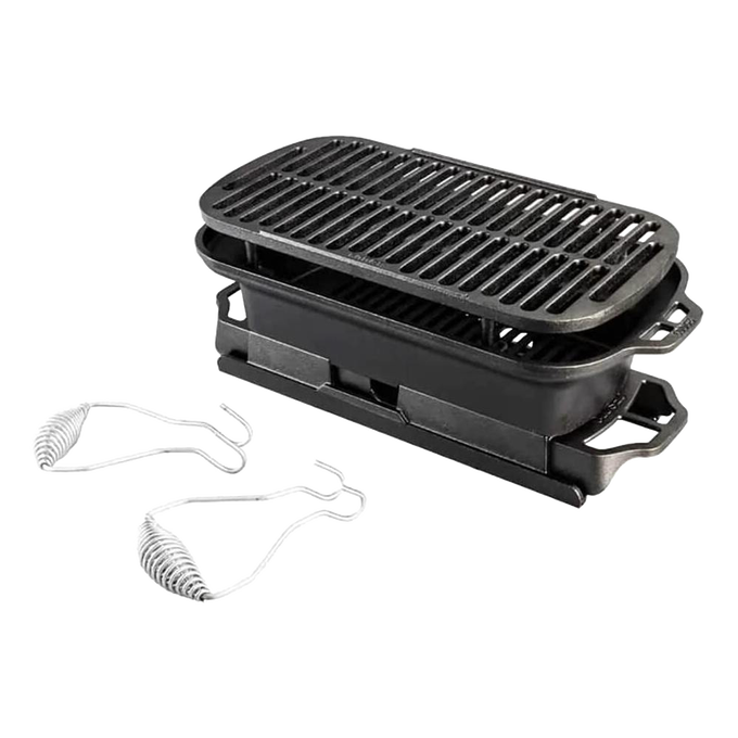 Compact handcrafted cast iron hibachi-style grill with removable grate, slide-out ash drawer, and spring handles, ideal for Farm, Garden & Tool, Camping, and Cookware collections.