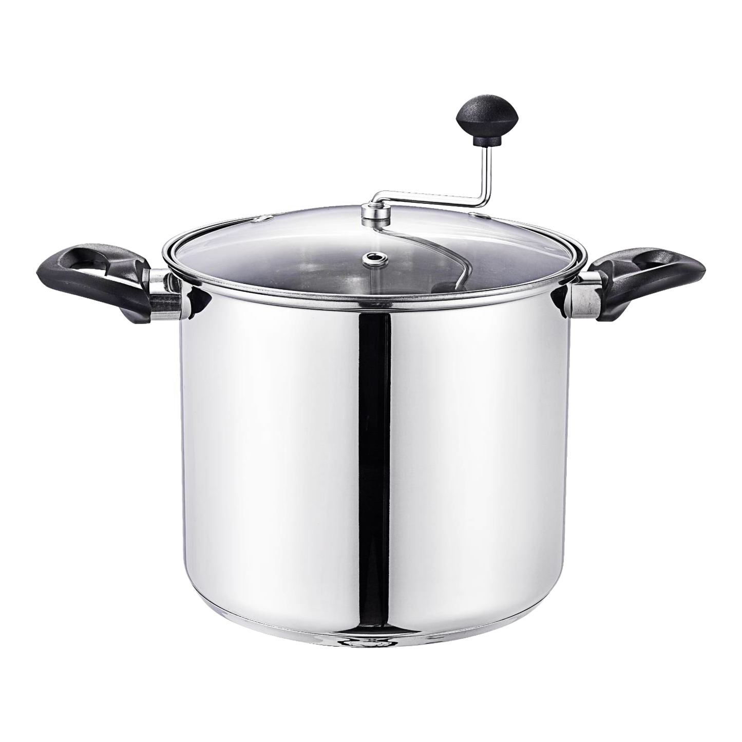 Stainless steel stovetop popcorn popper with black handles, clear lid with steam holes and hand crank, handcrafted for Kitchen & Food, Cookware, and Best Sellers collections.