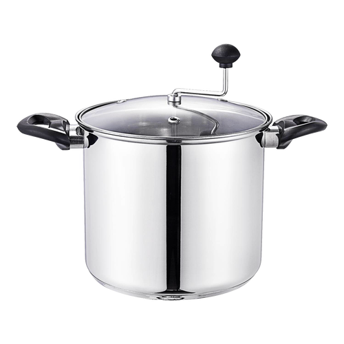 Stainless steel stovetop popcorn popper with black handles, clear lid with steam holes and hand crank, handcrafted for Kitchen & Food, Cookware, and Best Sellers collections.