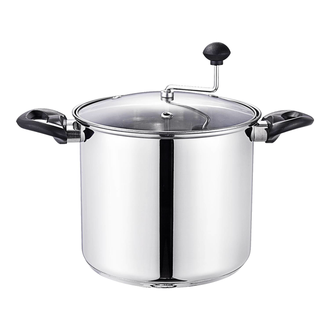 Stainless steel stovetop popcorn popper with black handles, clear lid with steam holes and hand crank, handcrafted for Kitchen & Food, Cookware, and Best Sellers collections.
