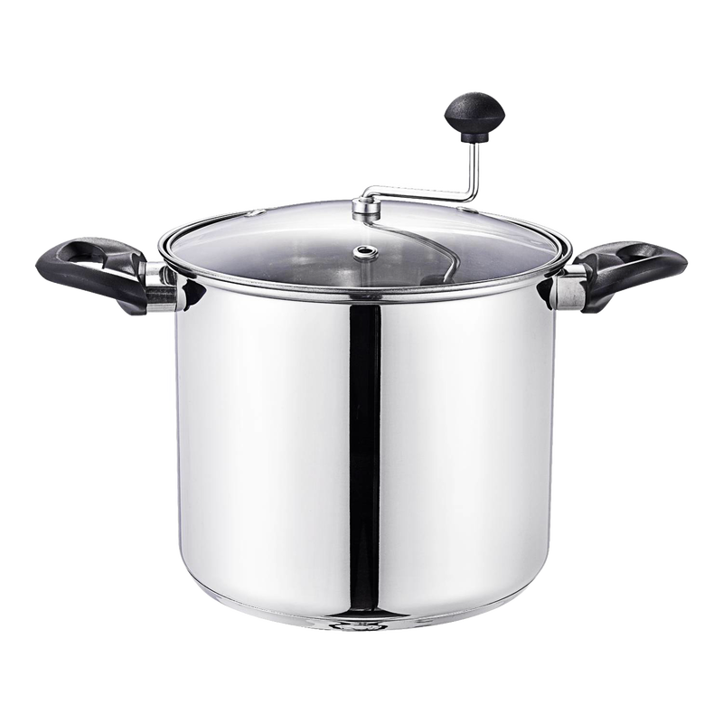 Stainless steel stovetop popcorn popper with black handles, clear lid with steam holes and hand crank, handcrafted for Kitchen & Food, Cookware, and Best Sellers collections.
