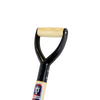 Close-up of a heavy-duty forging fork with a sturdy wooden D-handle and solid forged carbon steel socket, designed for digging, turning, and loosening soil in gardening and lawncare.