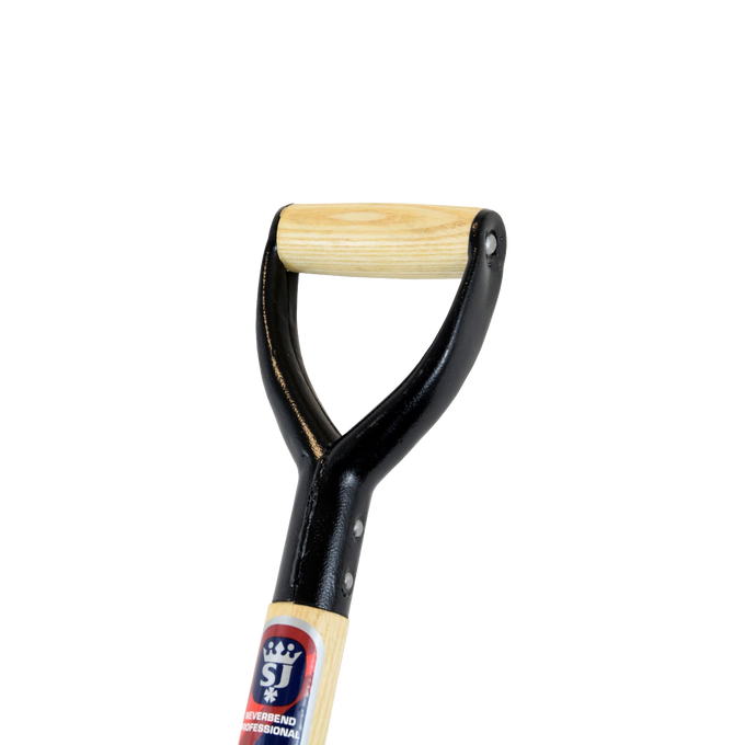 Close-up of a heavy-duty forging fork with a sturdy wooden D-handle and solid forged carbon steel socket, designed for digging, turning, and loosening soil in gardening and lawncare.