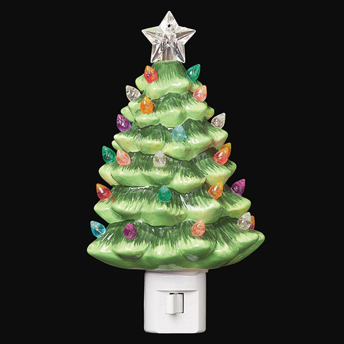 Handcrafted ceramic nightlight shaped like a vintage green Christmas tree with colorful bulbs and a clear star topper, ideal for Home & Decor, Holiday Decor, Best Sellers, and Promo Eligible collections.