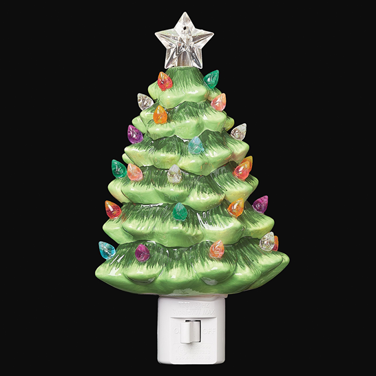 Handcrafted ceramic nightlight shaped like a vintage green Christmas tree with colorful bulbs and a clear star topper, ideal for Home & Decor, Holiday Decor, Best Sellers, and Promo Eligible collections.