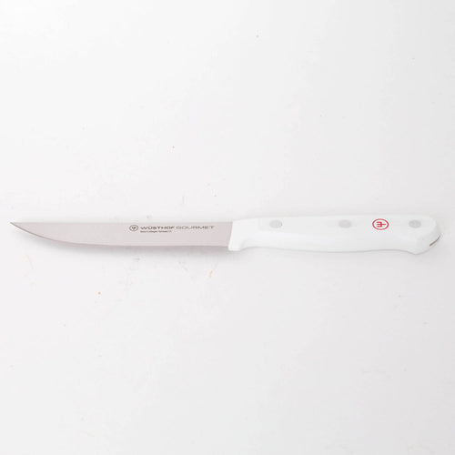 Slim stainless steel slicing knife with a pointed blade and smooth white handle featuring rivets, designed for precise food prep in Farm, Garden & Tool and Kitchen & Food collections.