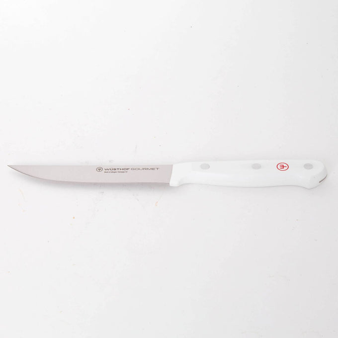 Slim stainless steel slicing knife with a pointed blade and smooth white handle featuring rivets, designed for precise food prep in Farm, Garden & Tool and Kitchen & Food collections.