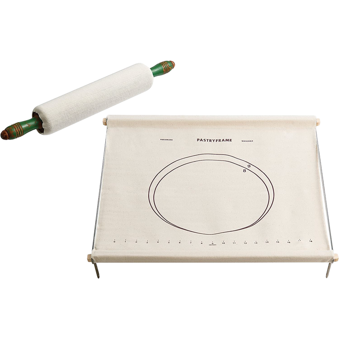 Fabric pastry frame with wooden slats and metal loops for stable use on counters, featuring printed size guides, paired with a rolling pin, ideal for Kitchen & Food, Baking Supplies, and Cookware collections.