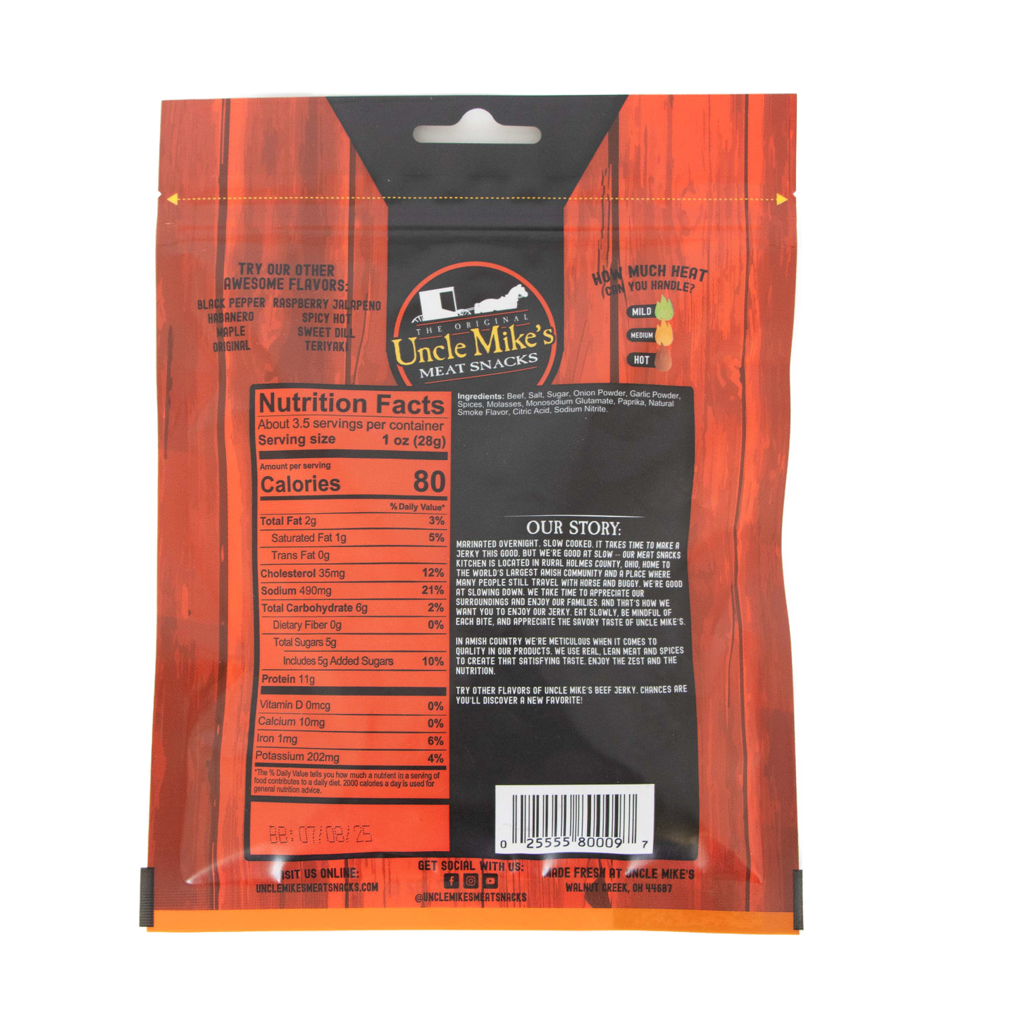 Rear view of a resealable jerky package with nutrition facts, ingredient list, and product story, showcasing a handcrafted, protein-rich snack from USA Made, Kitchen & Food, and Best Sellers collections.