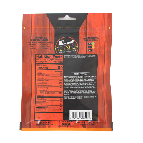 Rear view of a resealable jerky package with nutrition facts, ingredient list, and product story, showcasing a handcrafted, protein-rich snack from USA Made, Kitchen & Food, and Best Sellers collections.