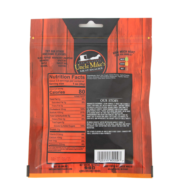Rear view of a resealable jerky package with nutrition facts, ingredient list, and product story, showcasing a handcrafted, protein-rich snack from USA Made, Kitchen & Food, and Best Sellers collections.
