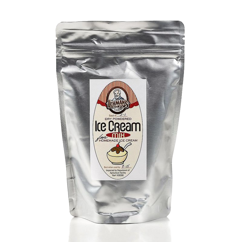 Silver foil resealable pouch of handcrafted dry powdered ice cream mix, Amish made in USA, ideal for Kitchen & Food, Dry Goods and Mixes, Specialty Equipment, Making Ice Cream, Best Sellers, and Promo Eligible collections.