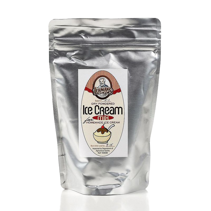 Silver foil resealable pouch of handcrafted dry powdered ice cream mix, Amish made in USA, ideal for Kitchen & Food, Dry Goods and Mixes, Specialty Equipment, Making Ice Cream, Best Sellers, and Promo Eligible collections.