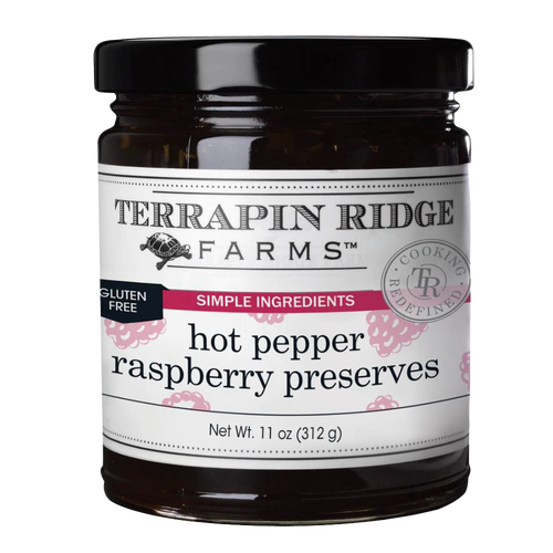 Handcrafted hot pepper raspberry preserves in a glass jar with a black lid, gluten free and made in USA, featured in Kitchen & Food, Snacks and Sweets, and Best Sellers collections.