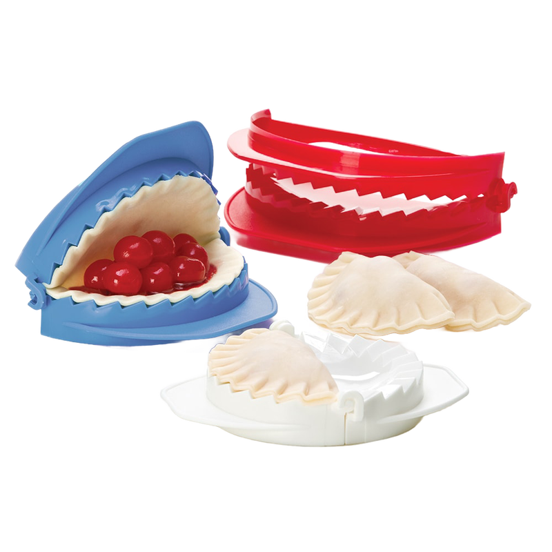 Colorful dough press set with built-in cutters for shaping and sealing hand pies, calzones, and pastries, ideal for Kitchen & Food, Kitchen Gadgets, and Baking Helpers collections.