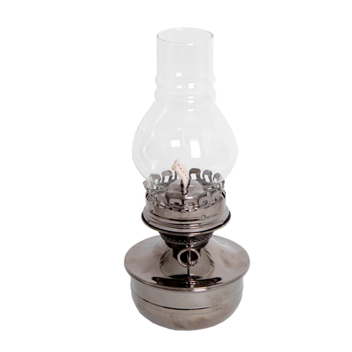Lehman's handcrafted wall-mounted oil lamp with a painted pewter-like finish and clear ribbed glass chimney, perfect for cozy lighting in lamps & lighting and oil lamps collections.