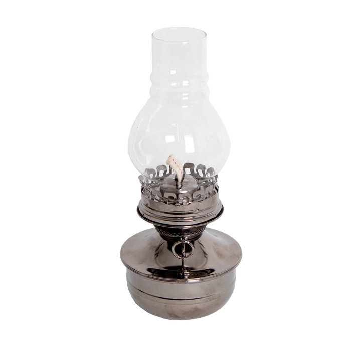 Lehman's handcrafted wall-mounted oil lamp with a painted pewter-like finish and clear ribbed glass chimney, perfect for cozy lighting in lamps & lighting and oil lamps collections.
