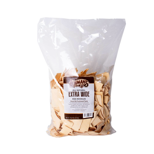 Clear plastic bag of handcrafted extra wide egg noodles with a rich golden color, made in USA, perfect for Kitchen & Food, Pantry, Food, USA Made, Best Sellers, and Promo Eligible collections.