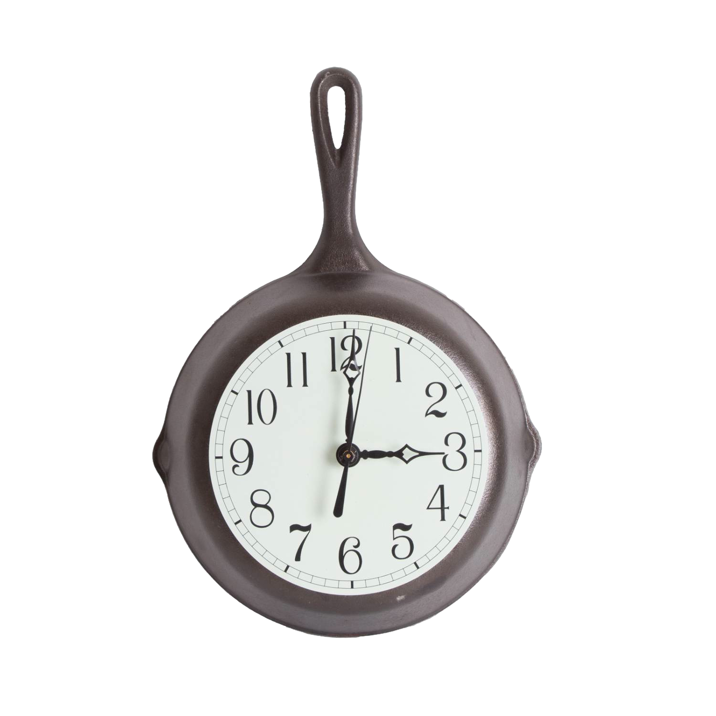 Handcrafted cast iron skillet clock with light green undertone face and black numerals, made in USA, perfect for Home & Decor, Cast Iron, and Best Sellers collections.
