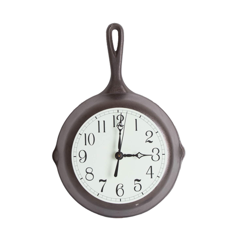 Handcrafted cast iron skillet clock with light green undertone face and black numerals, made in USA, perfect for Home & Decor, Cast Iron, and Best Sellers collections.